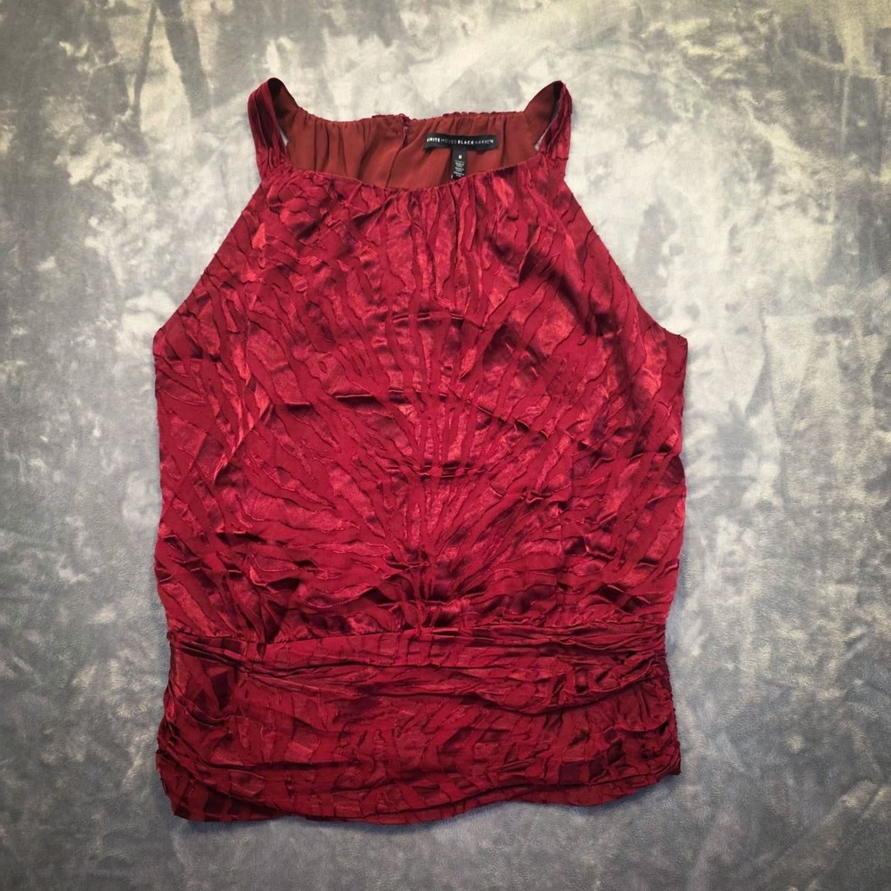 White House Black Market Women's 8 Burgundy Silk Crinkle Sleeveless Smocked Top - Picture 11 of 11